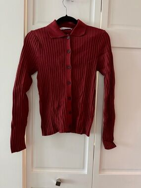 Zara Ribbed Button Front Long Sleeve Button-Up Polo Cardigan in Deep Burgundy S